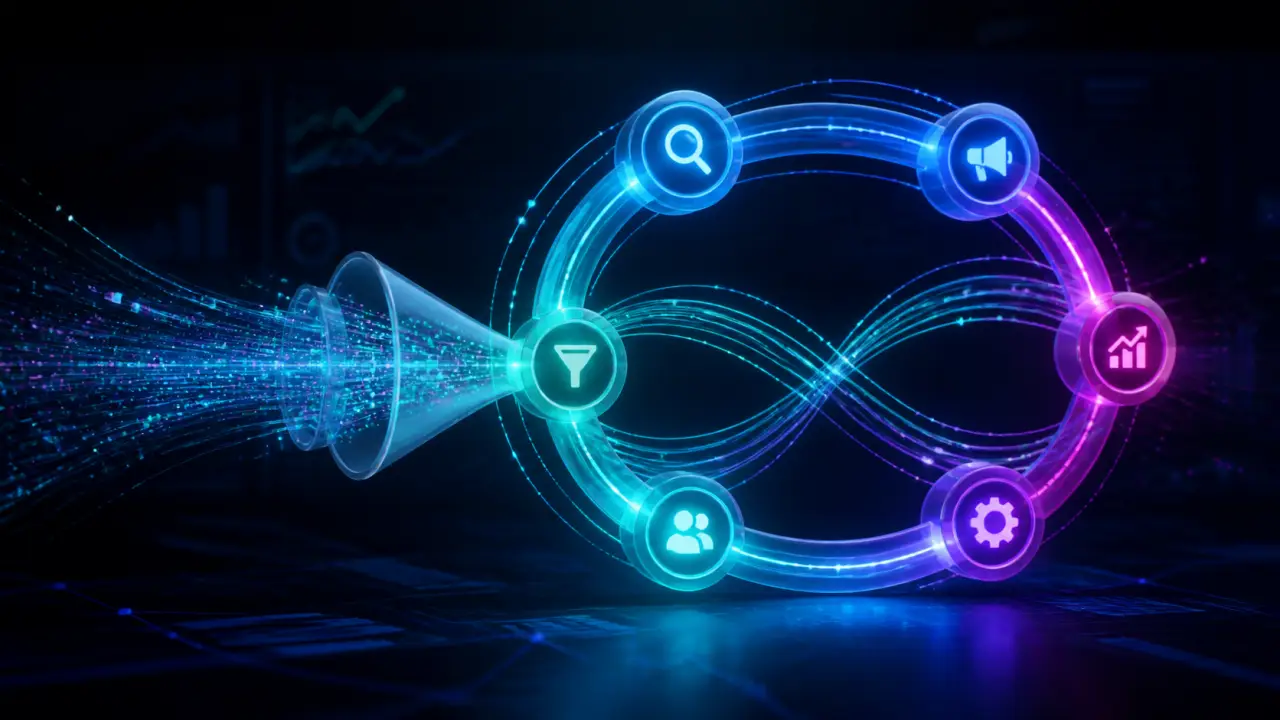 Composition 3D abstraite avec des formes géométriques brillantes bleu électrique et vert néon, des flèches ascendantes et des nœuds de données connectés sur un fond ardoise sombre, représentant la croissance exponentielle et l'échelle technologique.